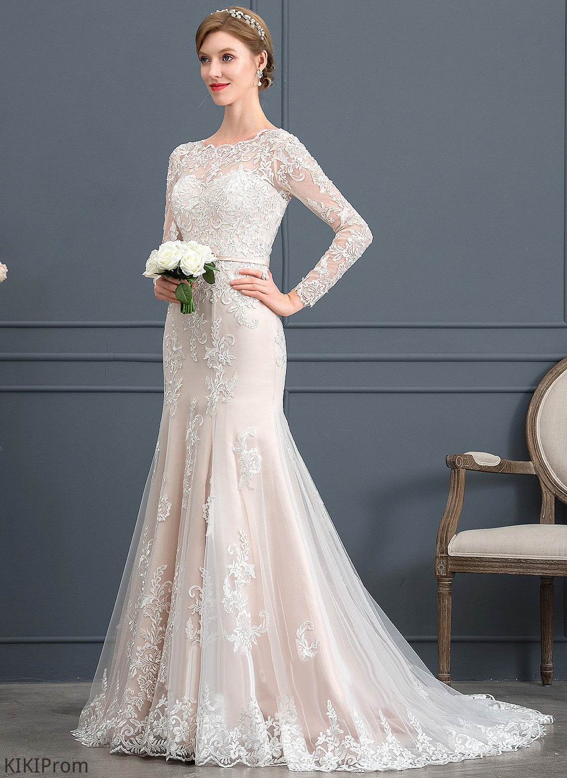 Wedding Dresses Court Bow(s) Neck Dress Tulle Trumpet/Mermaid Train Lainey Beading Wedding Scoop With Sequins Lace