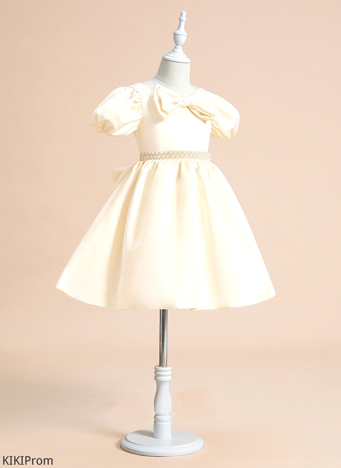 Satin Ball-Gown/Princess - With Sleeves Knee-length V-neck Short Flower Girl Dresses Marina Dress Girl Beading/Bow(s) Flower