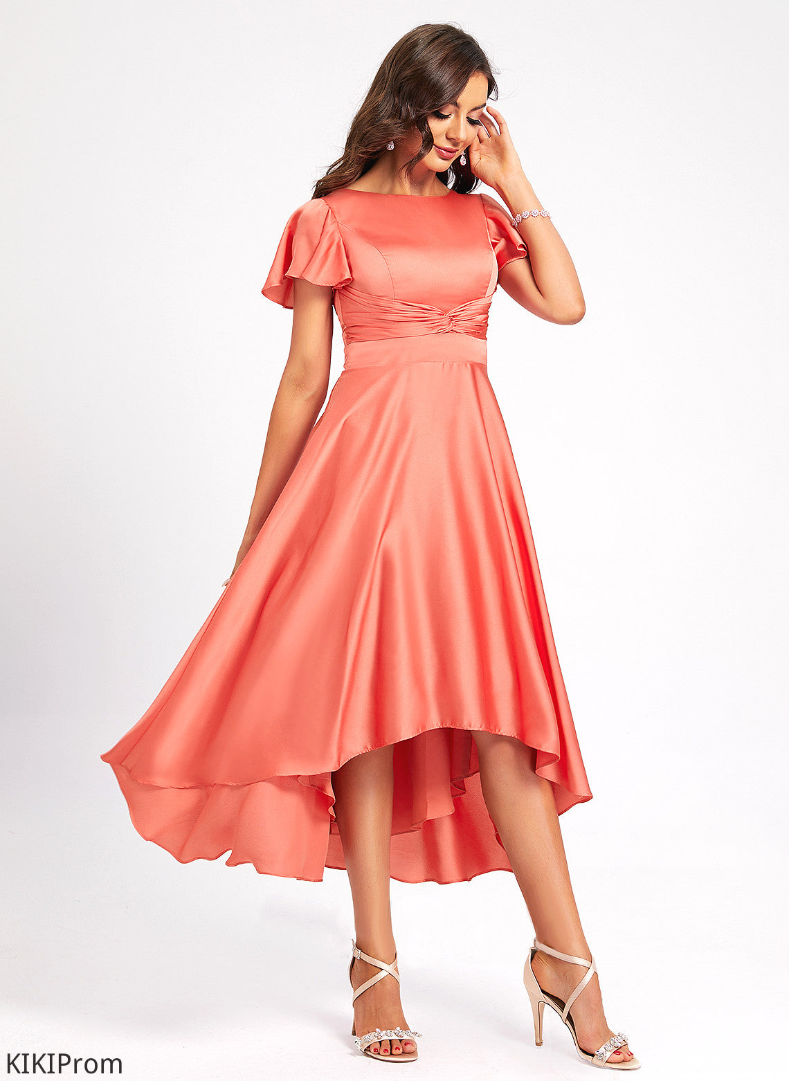 Neck Yaritza A-Line Polyester Cocktail Dresses Scoop Pleated Cocktail With Asymmetrical Dress