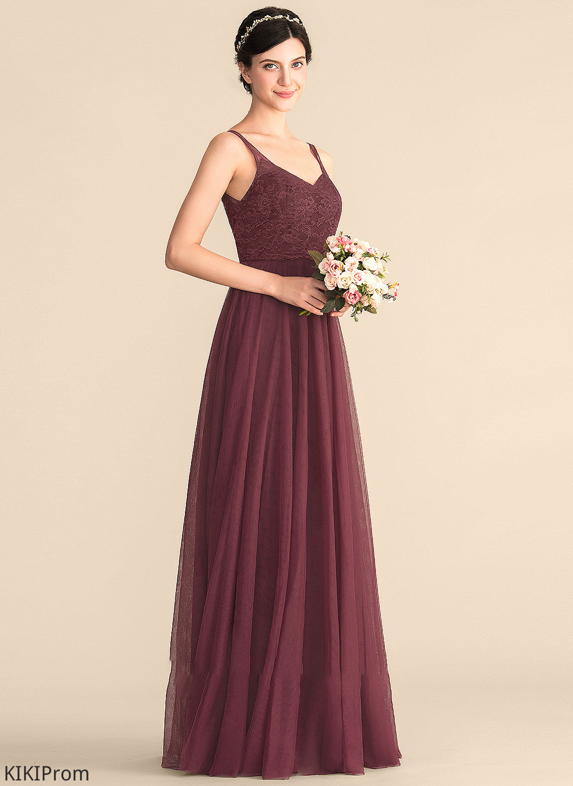 Straps Floor-Length Tulle A-Line V-neck Fabric Lace Length Neckline Silhouette Allison Natural Waist Bridesmaid Dresses