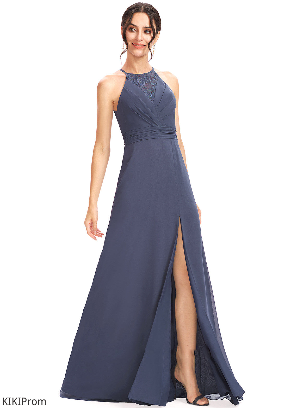 Floor-Length Neckline SplitFront Length Halter Silhouette Fabric Embellishment Lace A-Line Nylah Bridesmaid Dresses