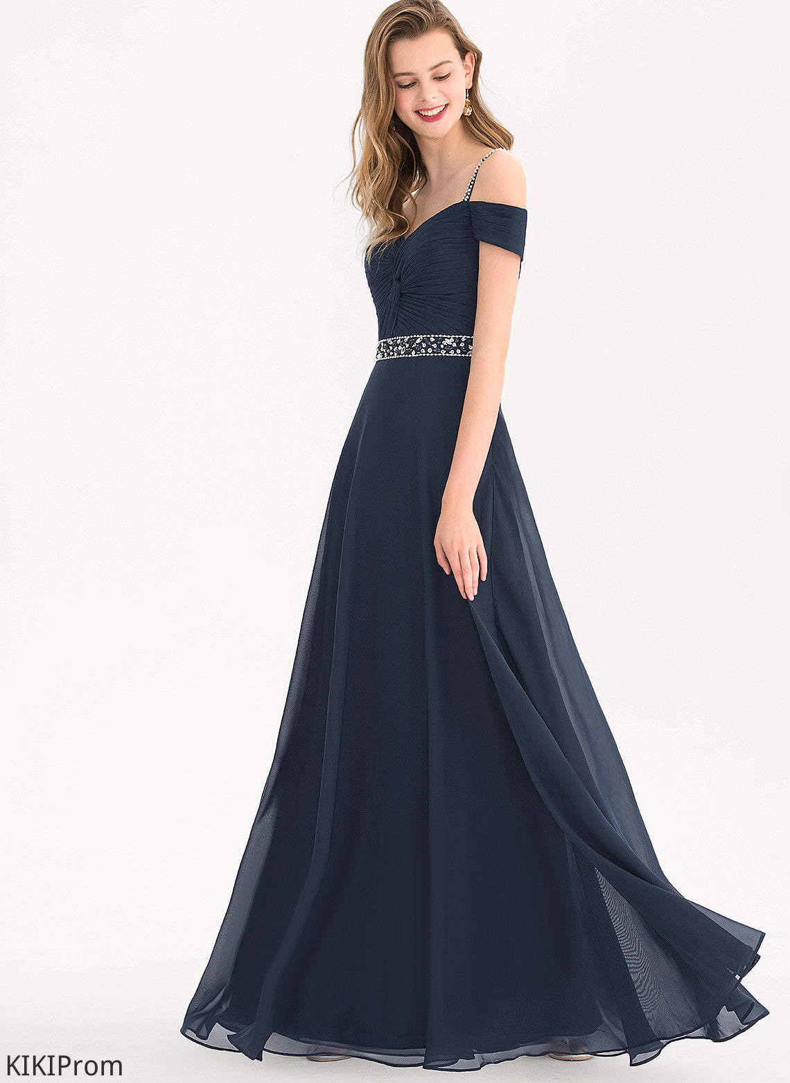 A-Line With Shoulder V-neck Floor-Length Beading Sequins Chiffon Cold Prom Dresses Pleated Giselle