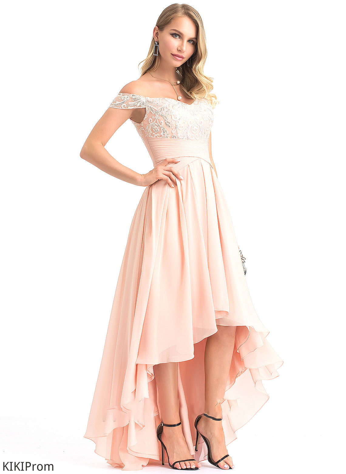 Chiffon Prom Dresses A-Line Sequins With Lyric Asymmetrical Off-the-Shoulder
