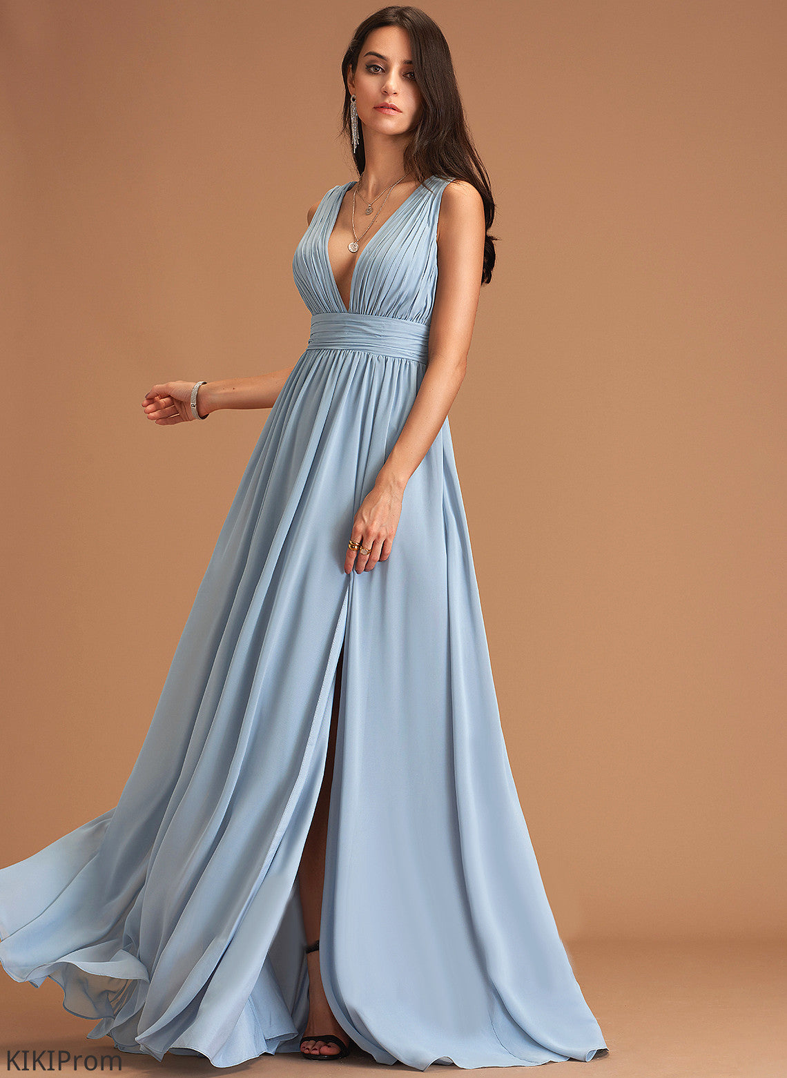 Silhouette Pleated Fabric Floor-Length Neckline Length V-neck A-Line Embellishment Kelsie Bridesmaid Dresses