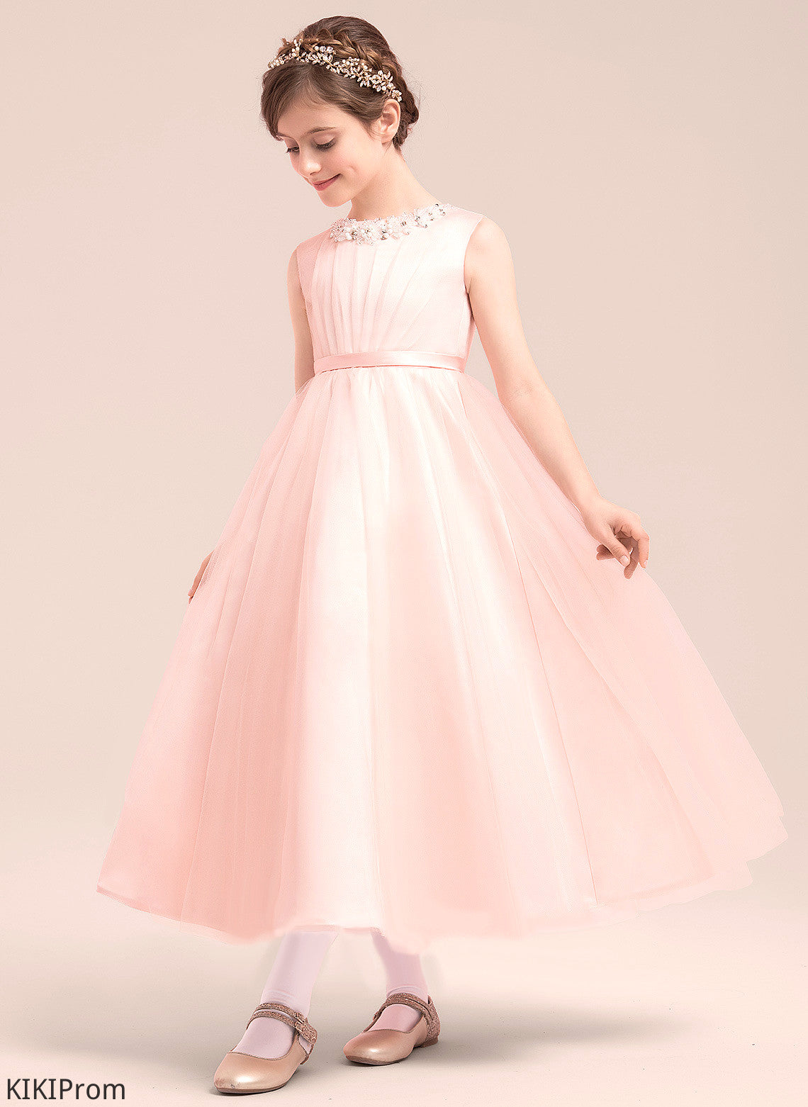 Kasey Neck A-Line/Princess With Girl Scoop Dress Flower Girl Dresses Satin/Tulle Flower Sleeveless - Ankle-length Beading/Bow(s)