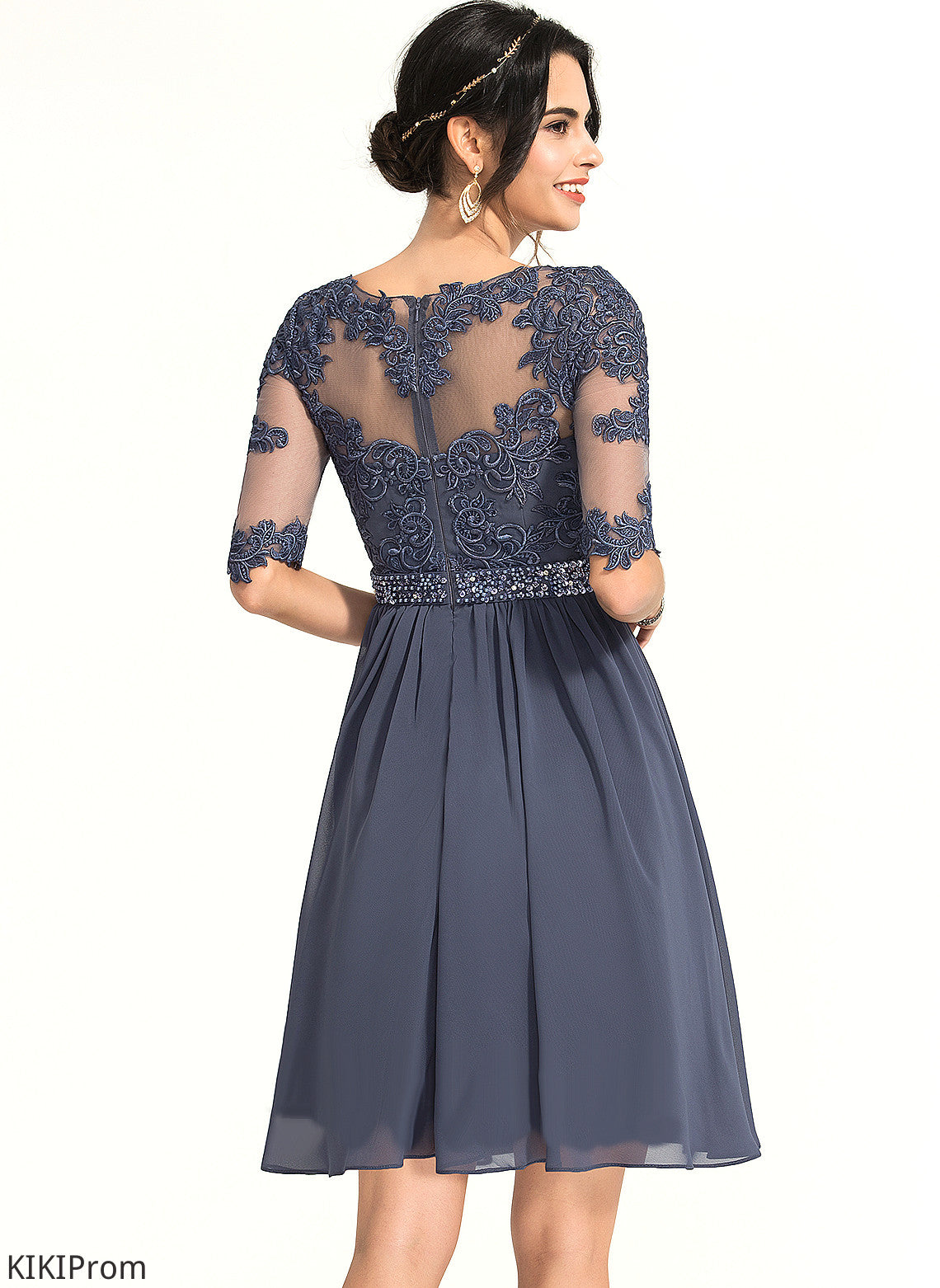 A-Line Neck Juliana Cocktail Knee-Length Cocktail Dresses Lace Chiffon Dress Scoop With Beading