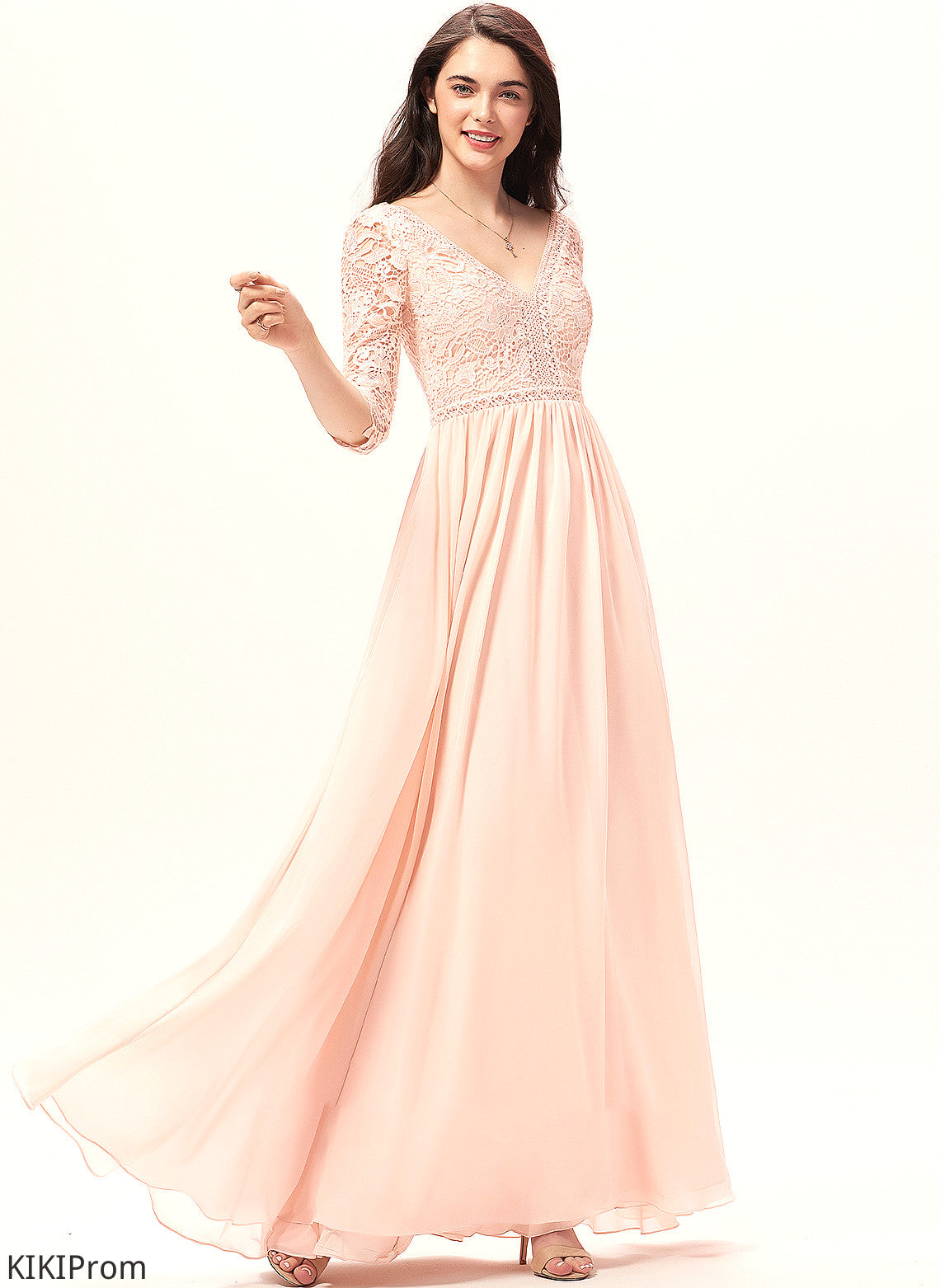 A-Line Fabric Length V-neck Silhouette Neckline Floor-Length Lace Straps April Bridesmaid Dresses