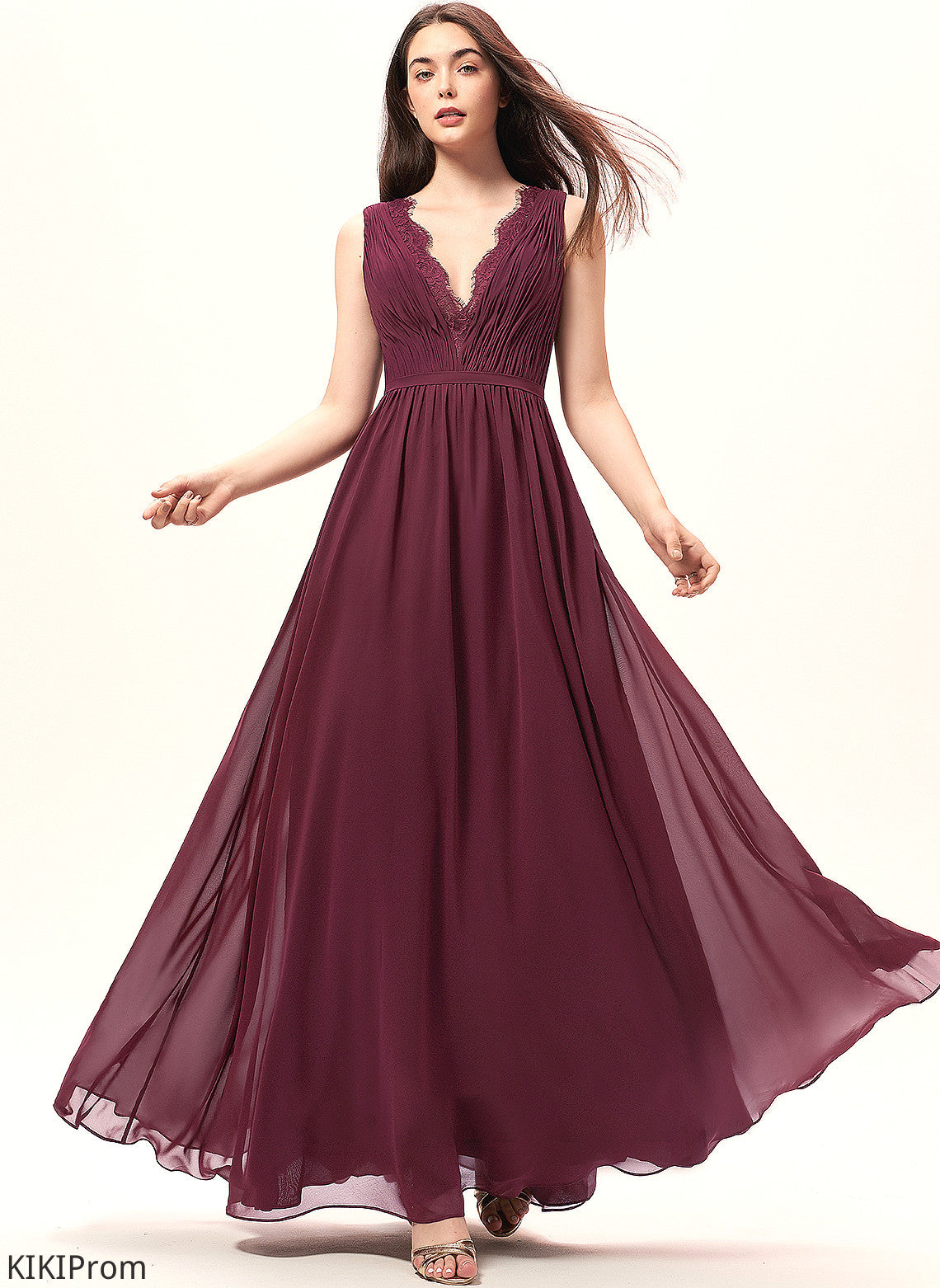Floor-Length Ruffle A-Line Length Lace Fabric Neckline Embellishment Silhouette V-neck Paityn Straps Bridesmaid Dresses