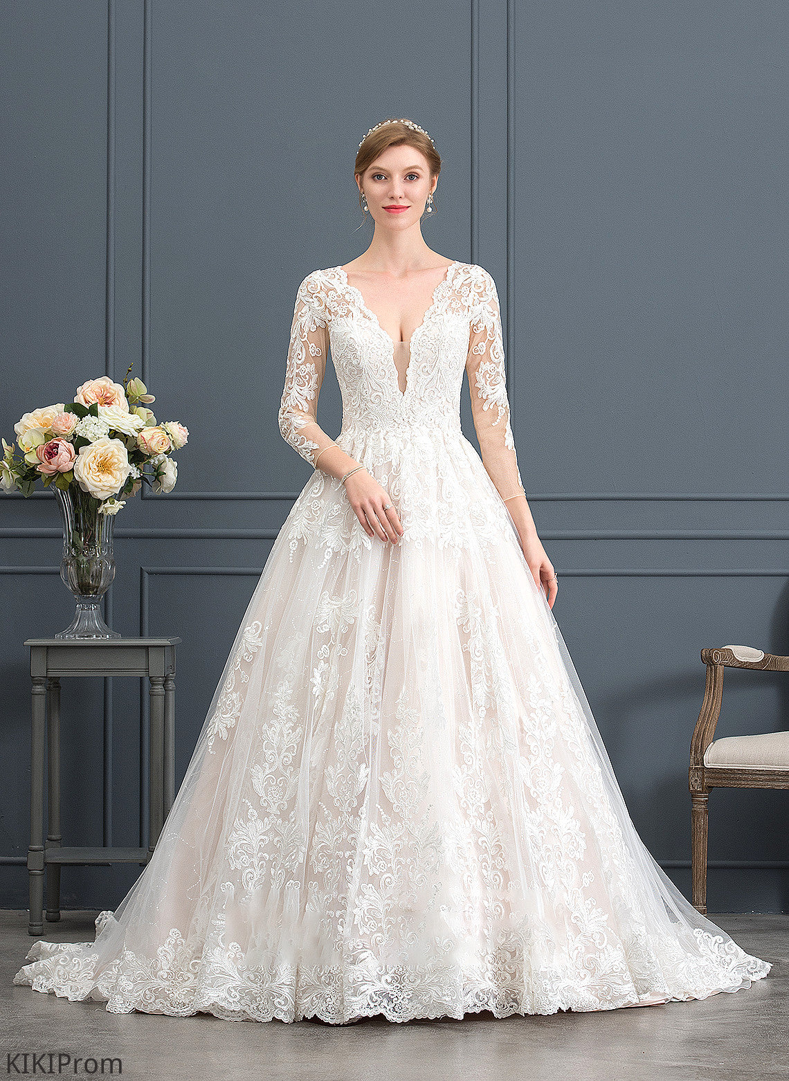 Wedding Ball-Gown/Princess Chapel V-neck Dress Wedding Dresses Aleena Train Tulle