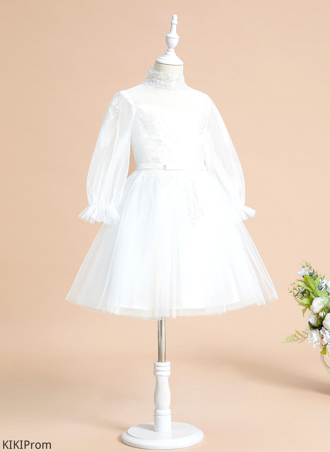 Girl A-Line Haleigh With Flower Sequins Sleeves Dress - Long Knee-length Flower Girl Dresses Neck Tulle High
