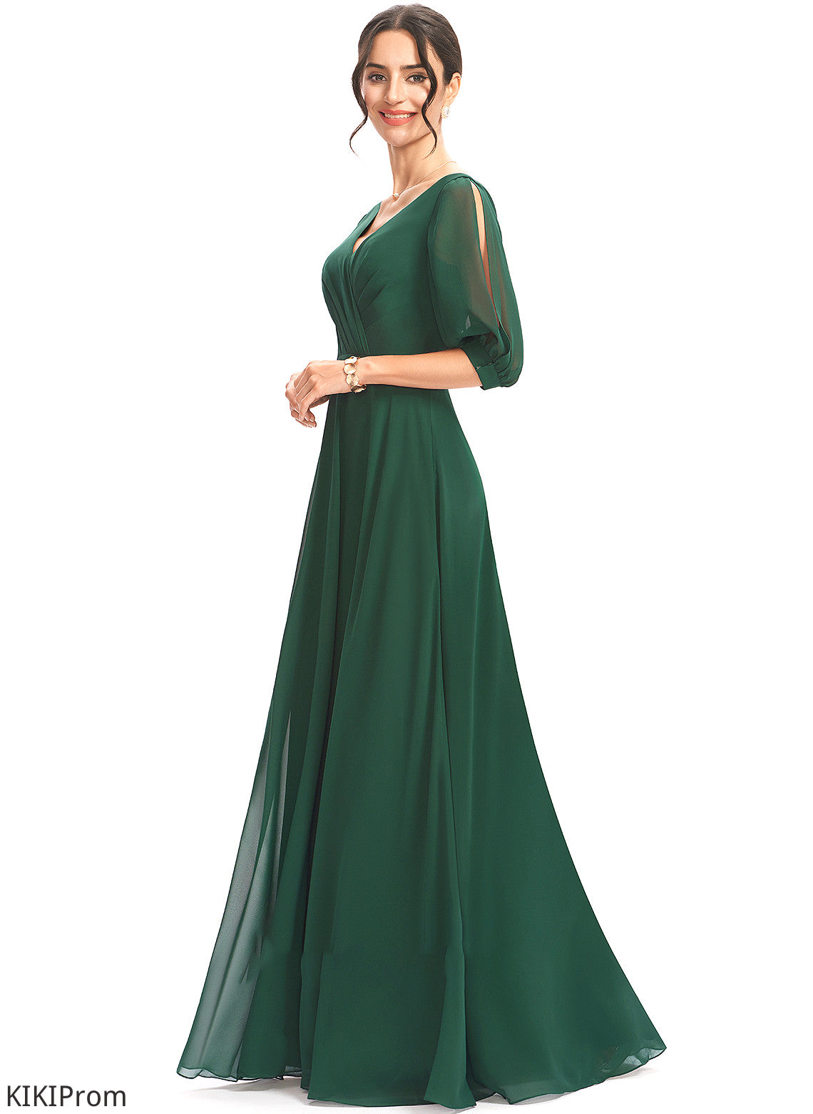 Embellishment V-neck Fabric Neckline Ruffle Floor-Length Silhouette A-Line Length Jaqueline Bridesmaid Dresses