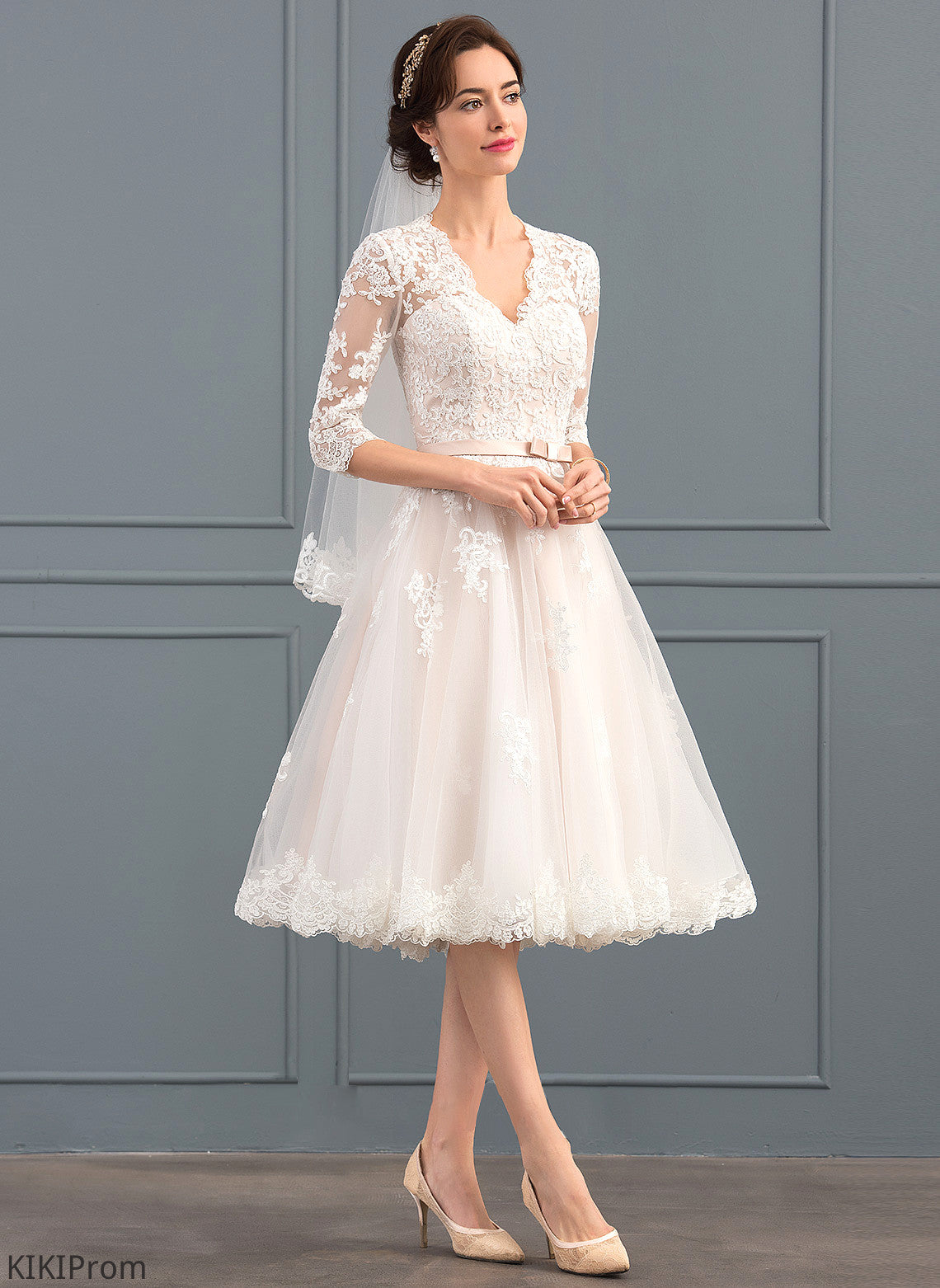 Wedding Bow(s) Knee-Length Wedding Dresses A-Line Abbigail Tulle Dress V-neck With
