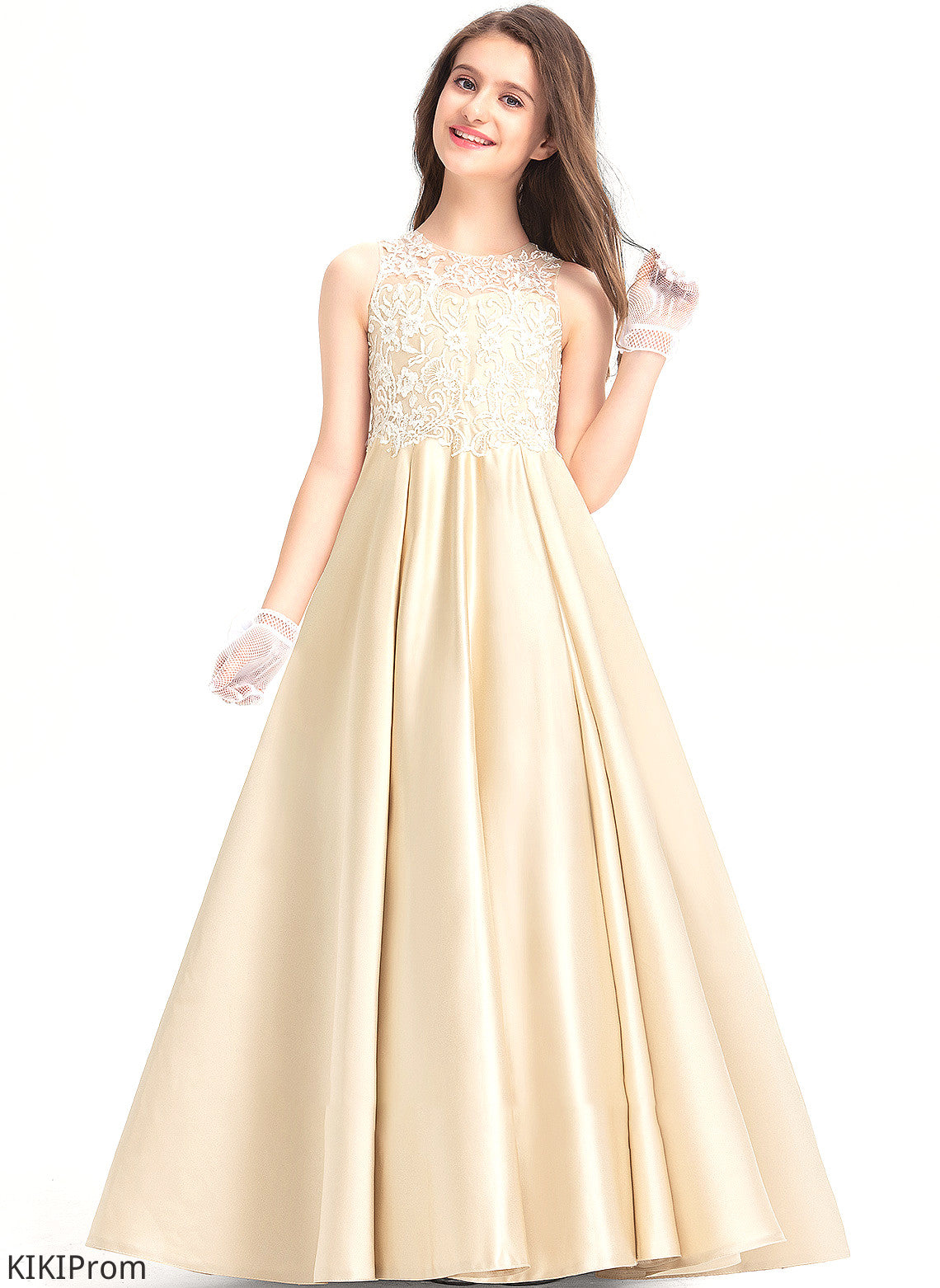 Leia Scoop Ball-Gown/Princess Satin Floor-Length Lace Junior Bridesmaid Dresses Neck