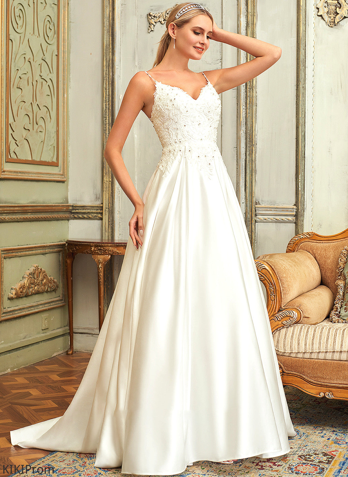 Sweep Pockets Beading Lace Ball-Gown/Princess Wedding Train With Satin Lace Sarahi V-neck Sequins Dress Wedding Dresses