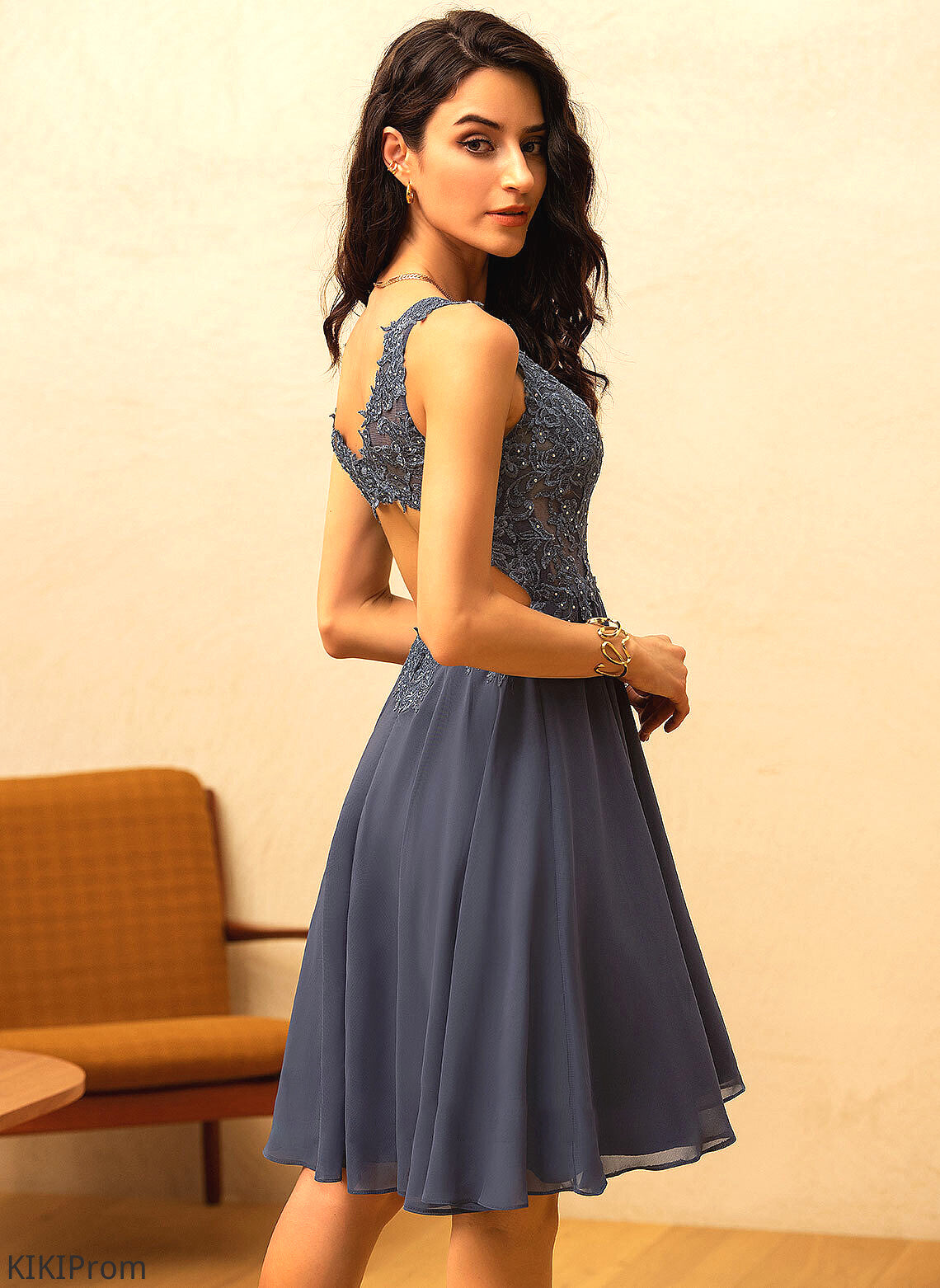 Fabric Embellishment V-neck Length Beading Neckline Silhouette Knee-Length A-Line Destinee Bridesmaid Dresses