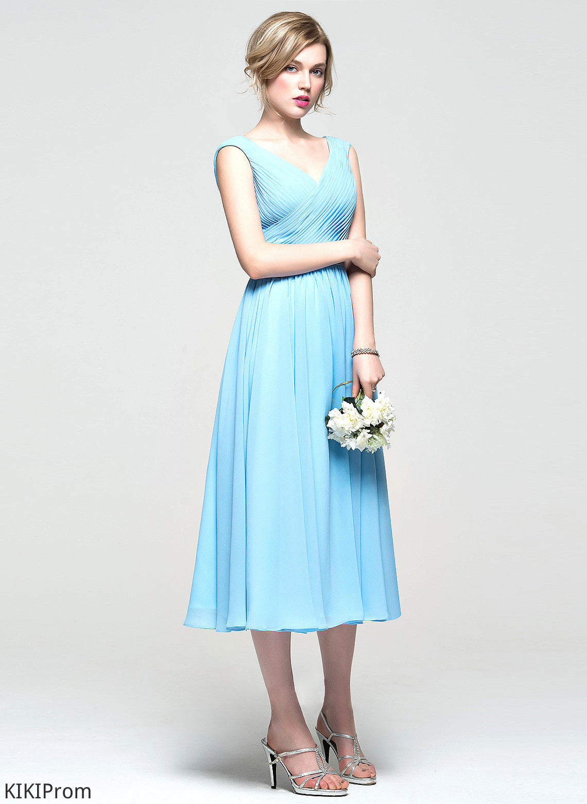 Embellishment Fabric Ruffle Neckline A-Line Length Silhouette V-neck Tea-Length Libby Bridesmaid Dresses