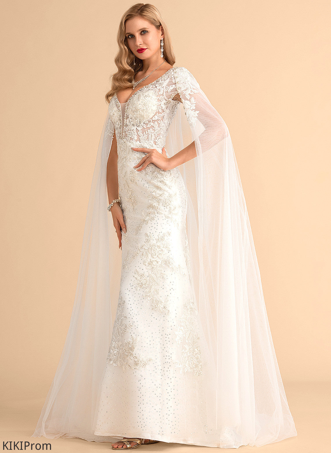 Beading Lace Train Dress With Wedding Court Sequins Wedding Dresses Tulle Trumpet/Mermaid V-neck Carlie
