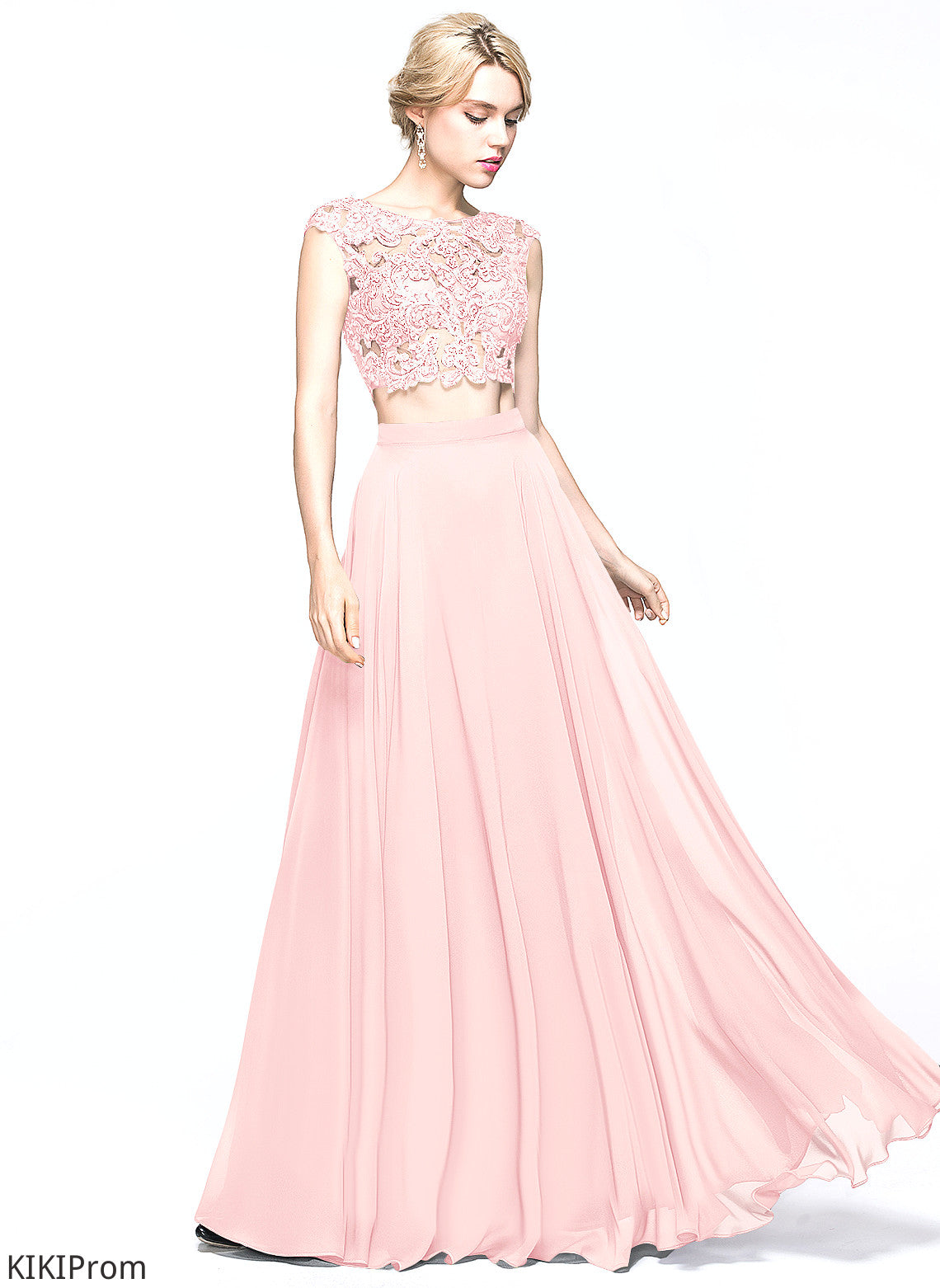Beading Scoop With Floor-Length Lace Prom Dresses Setlla Chiffon Sequins A-Line