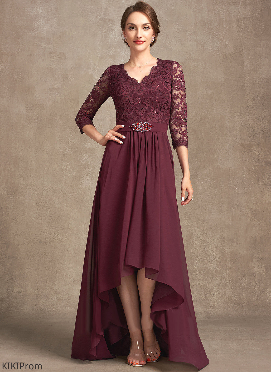 Lace Sequins V-neck Mother of the Bride Dresses Asymmetrical of With Bride A-Line Beading Dress the Chiffon Mother Susan