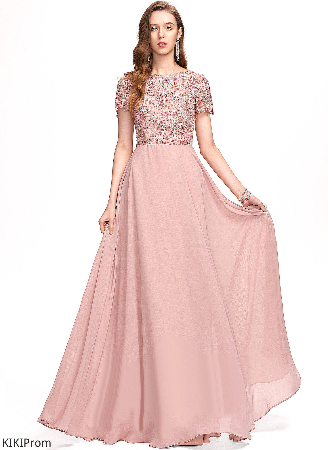 Chiffon Sequins A-Line Scoop Prom Dresses Floor-Length Lace Audrey With