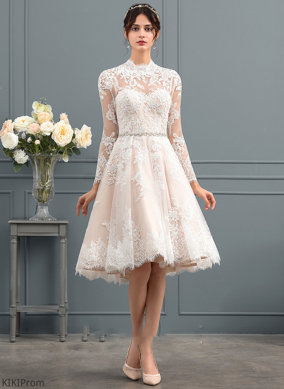 A-Line Ashlee Wedding Dresses Wedding Dress Knee-Length Lace Illusion