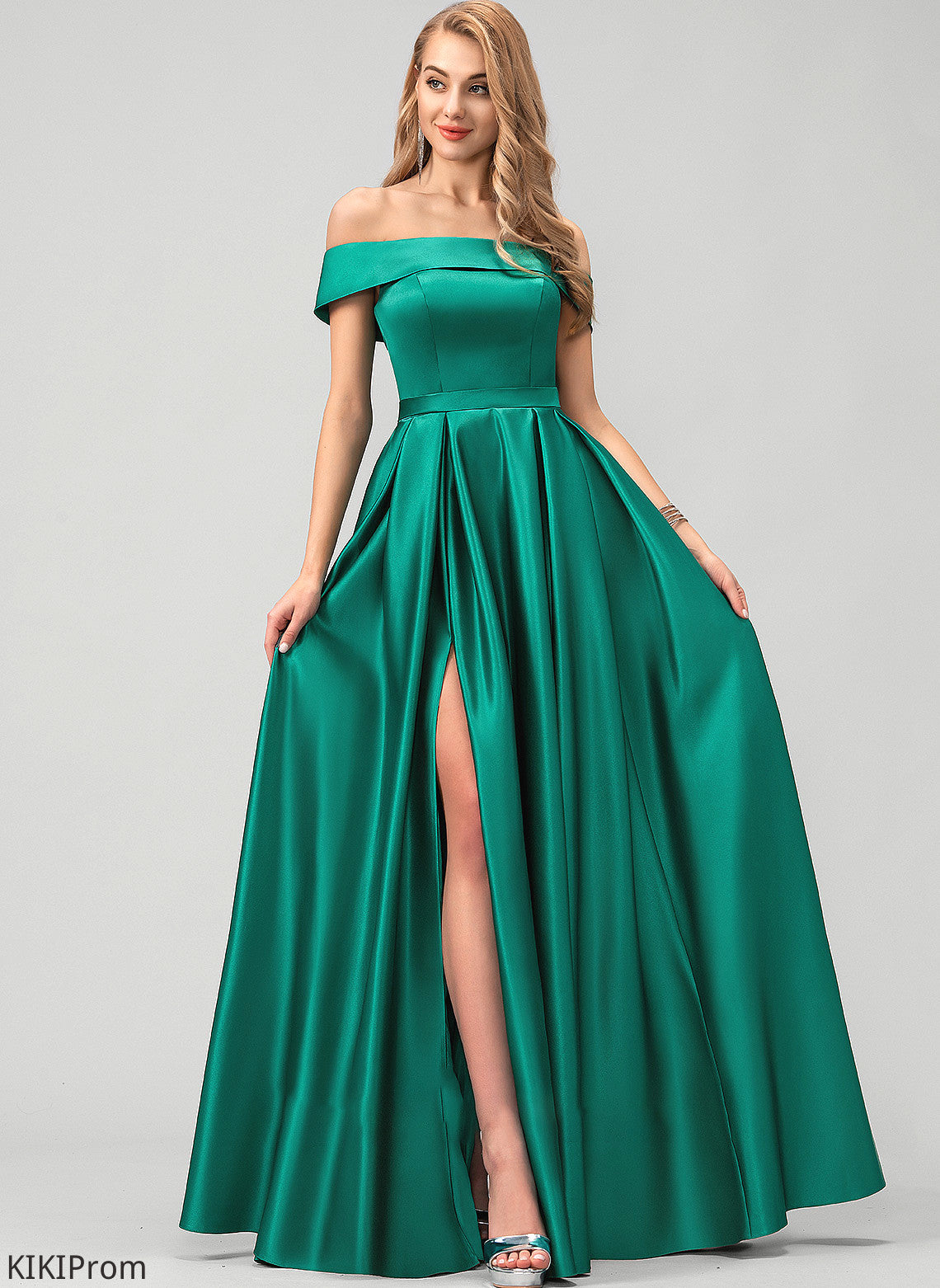 SplitFront Satin Fabric Length Embellishment Straps Floor-Length Pockets Neckline Off-the-Shoulder Kathryn A-Line/Princess Bridesmaid Dresses
