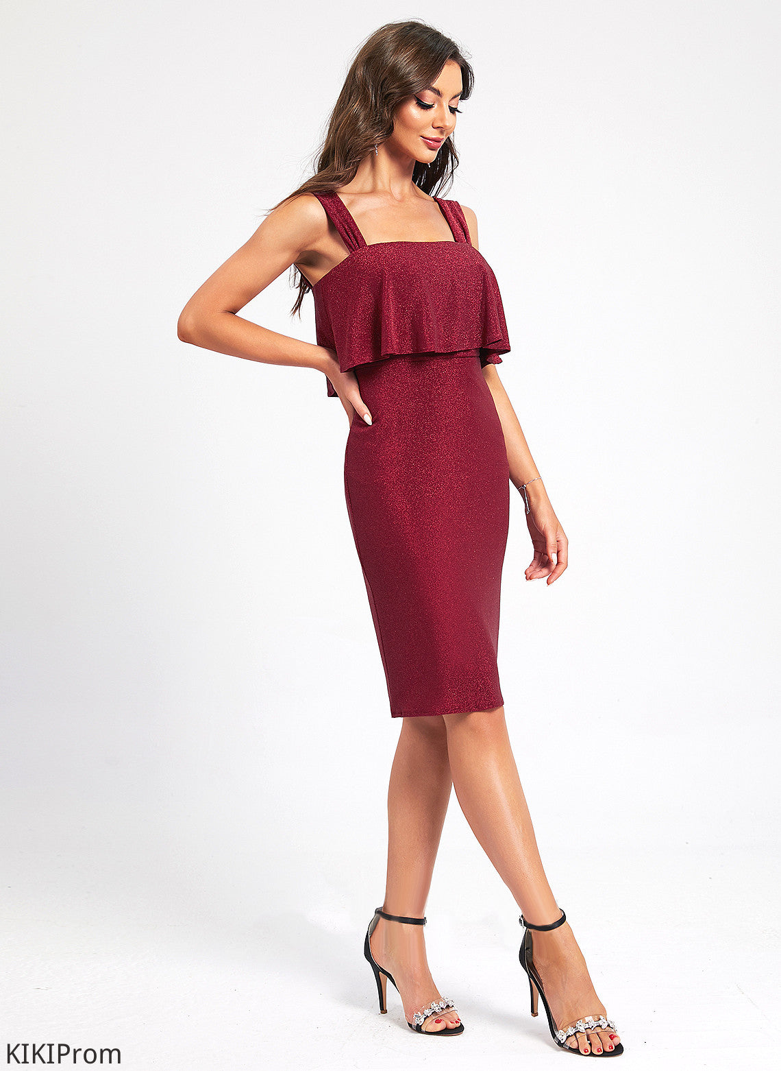 Ruffle Dress Club Dresses Cocktail Jaden With Square Polyester Bodycon Knee-Length Neckline