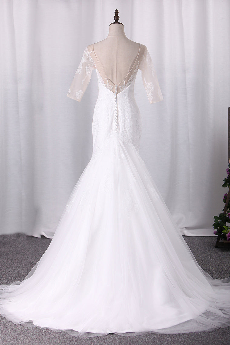 2024 Sexy Mermaid Wedding Dresses Scoop Half Sleeves Tulle With Applique Open Back
