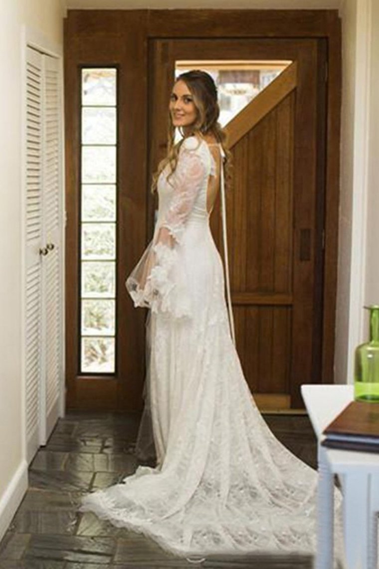 V Neck Beach Wedding Dress With Long Sleeves Unique Lace Wedding Dresses