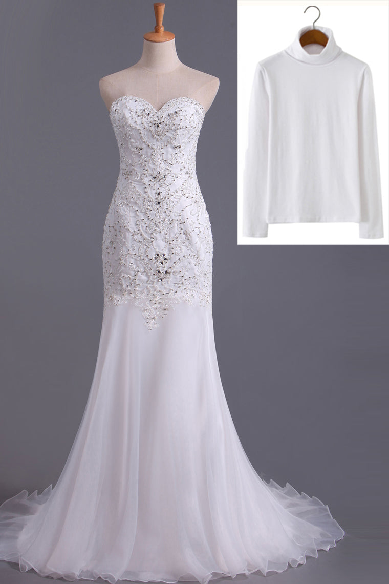 2024 Sweetheart Beaded Bodice Sheath/Column Wedding Dress With Organza Skirt