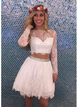 Two Piece Bateau Lace Homecoming Dresses Aleena Long Sleeves White Tulle 2024 With Beading