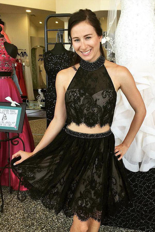 Two Piece High Homecoming Dresses Gina Lace Neck Beading Black 2024