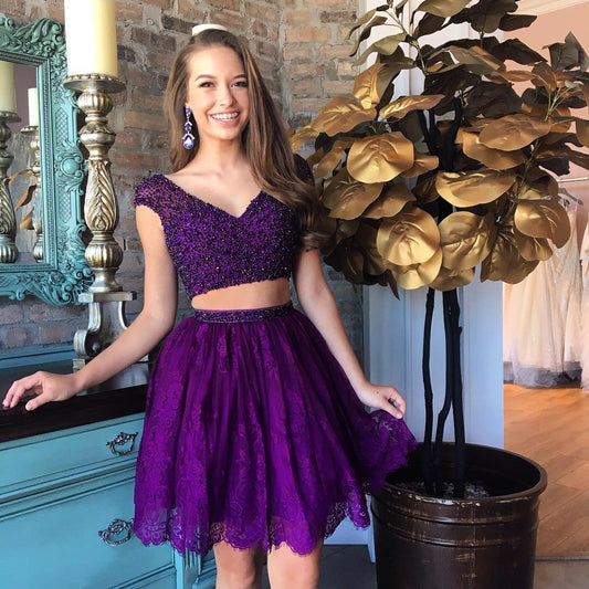 Emilie Lace Homecoming Dresses Two Piece V-Neck Beading Purple 2024 With