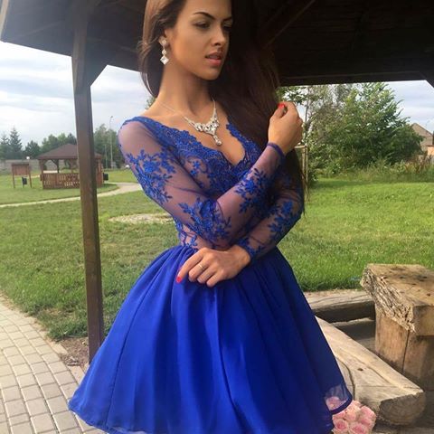 A-Line V-Neck Long Sleeves Appliques Royal Blue Homecoming Dresses Monique Short 2024