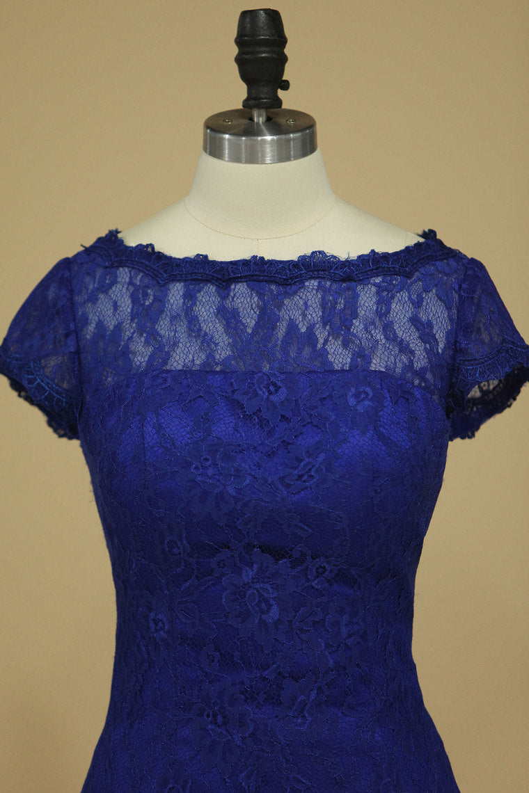 2022 Dark Royal Blue Evening Dresses Off The Shoulder With Applique Lace Knee-Length