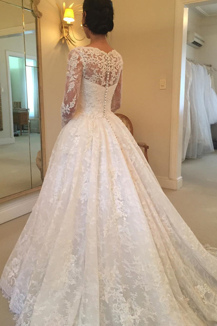 2024 Long Sleeves Scoop Tulle With Applique A Line Court Train Wedding Dresses