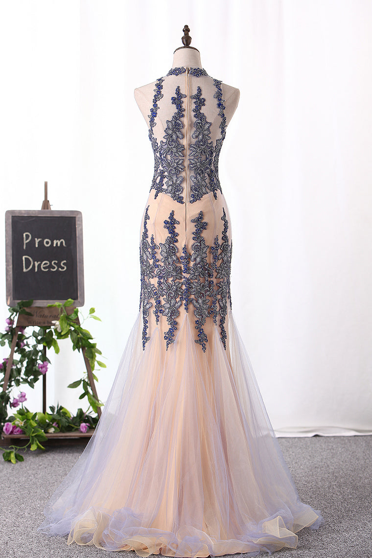 2024 New Arrival High Neck  Mermaid Prom Dresses Tulle With Applique And Beads