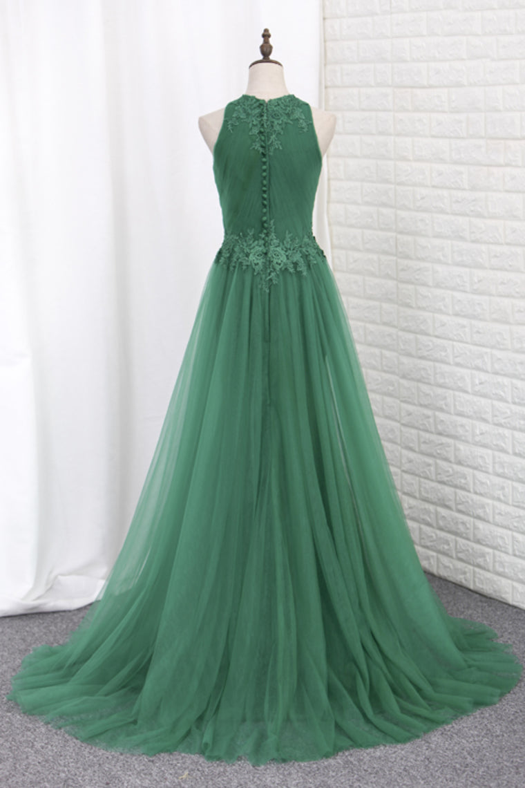2024 Scoop Lace & Tulle Prom Dresses Mermaid With Applique Sweep Train