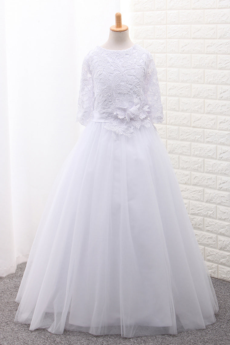 2024 Tulle Scoop Flower Girl Dresses Ball Gown Mid-Length Sleeves With Sash