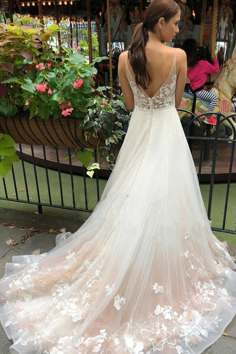 Tulle V Neck Embroidery Long Spaghetti Straps Wedding Dresses, Bridal Dresses