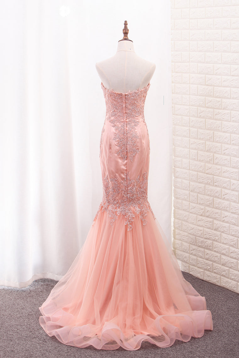 2024 Sweetheart Mermaid Tulle Prom Dresses With Applique Sweep Train
