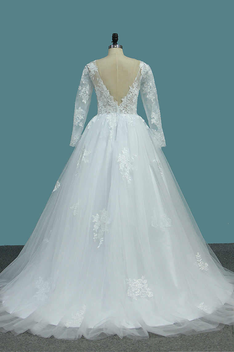 2024 A Line Open Back Long Sleeves Scoop Wedding Dresses Tulle With Applique