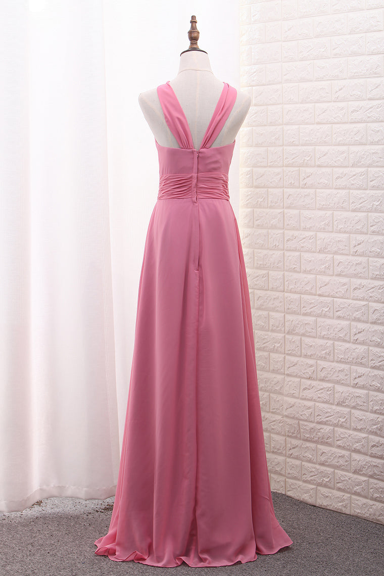 2024 Scoop A Line Chiffon Bridesmaid Dresses With Ruffles And Slit Floor Length