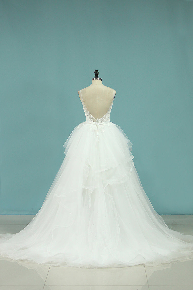 2024 Tulle V Neck A Line With Applique Chapel Train Wedding Dresses