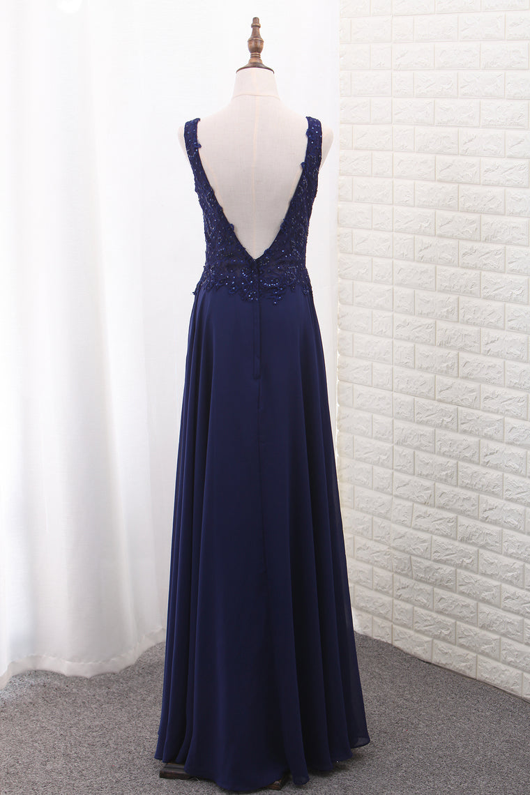 2024 V Neck Open Back Chiffon Prom Dresses With Applique And Beads