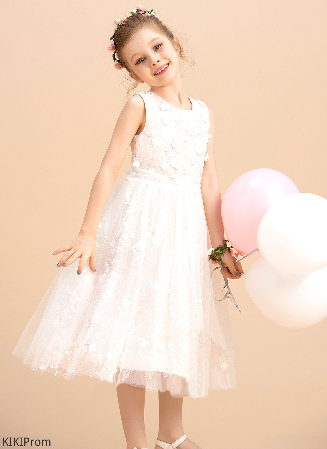 Beading/Flower(s) Tulle/Lace Sleeveless Neck Sophronia Dress Girl Scoop A-Line - Flower Flower Girl Dresses With Tea-length