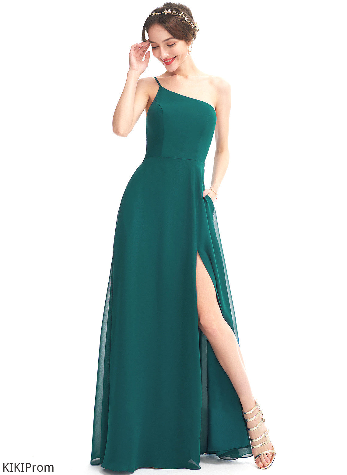 One-Shoulder SplitFront Pockets Embellishment A-Line Length Silhouette Neckline Floor-Length Fabric Barbara Bridesmaid Dresses