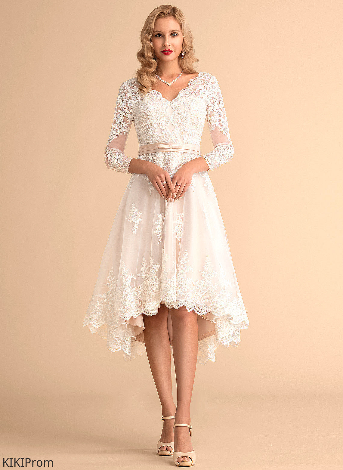 Cherish Tulle Satin V-neck A-Line Lace Dress Asymmetrical Wedding Wedding Dresses