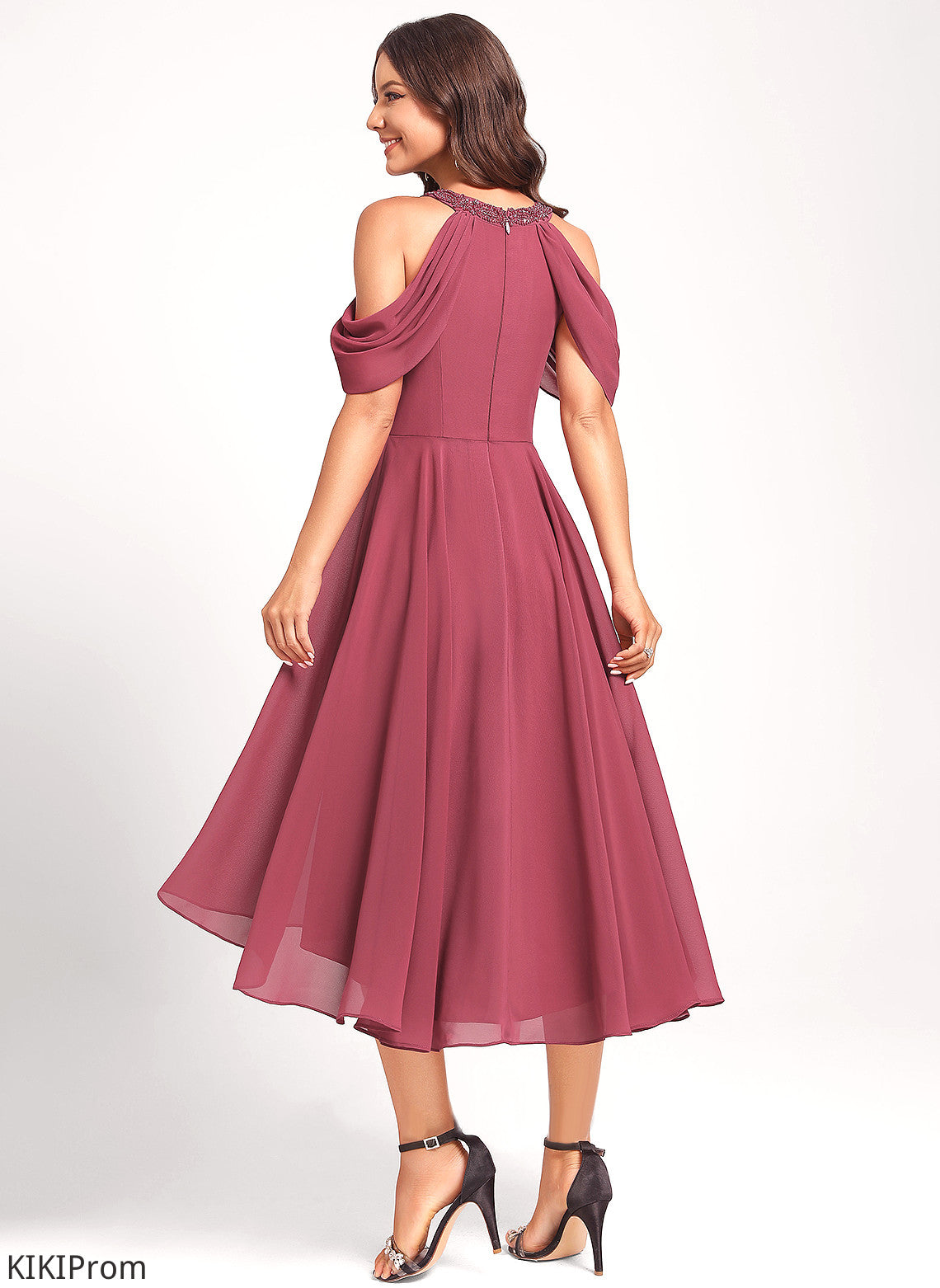 With Club Dresses Scoop A-Line Dress Cocktail Asymmetrical Beading Ida Neck Sequins Chiffon