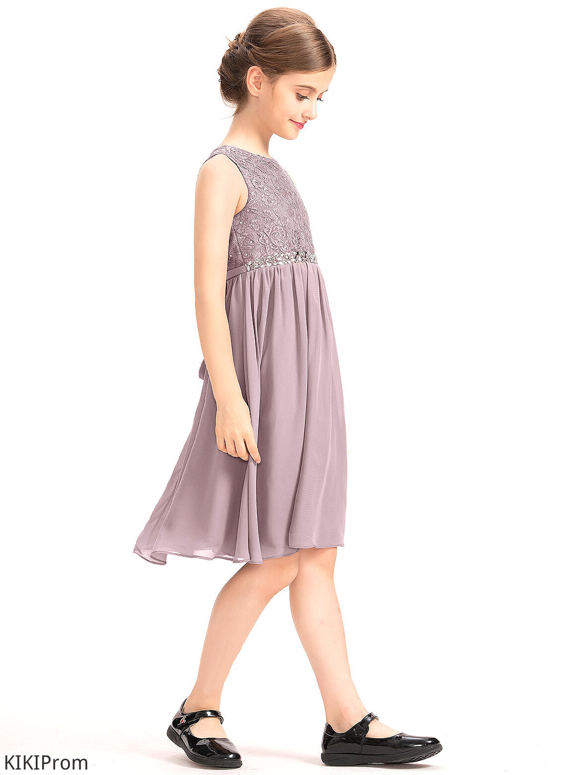 Knee-Length Bow(s) Junior Bridesmaid Dresses Lace Neck A-Line Maureen With Scoop Chiffon Beading